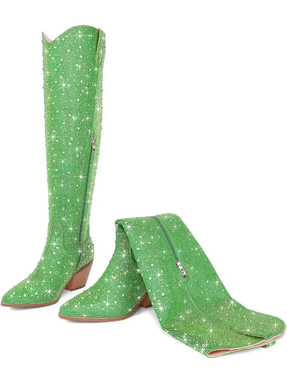 Women's Green Rhinestone Sparkly Bling Cowgirl Side Zipper Over The Knee Boots